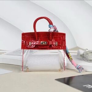 Croc-Embossed Red Mini Top-Handle Bag with Scarf Detail